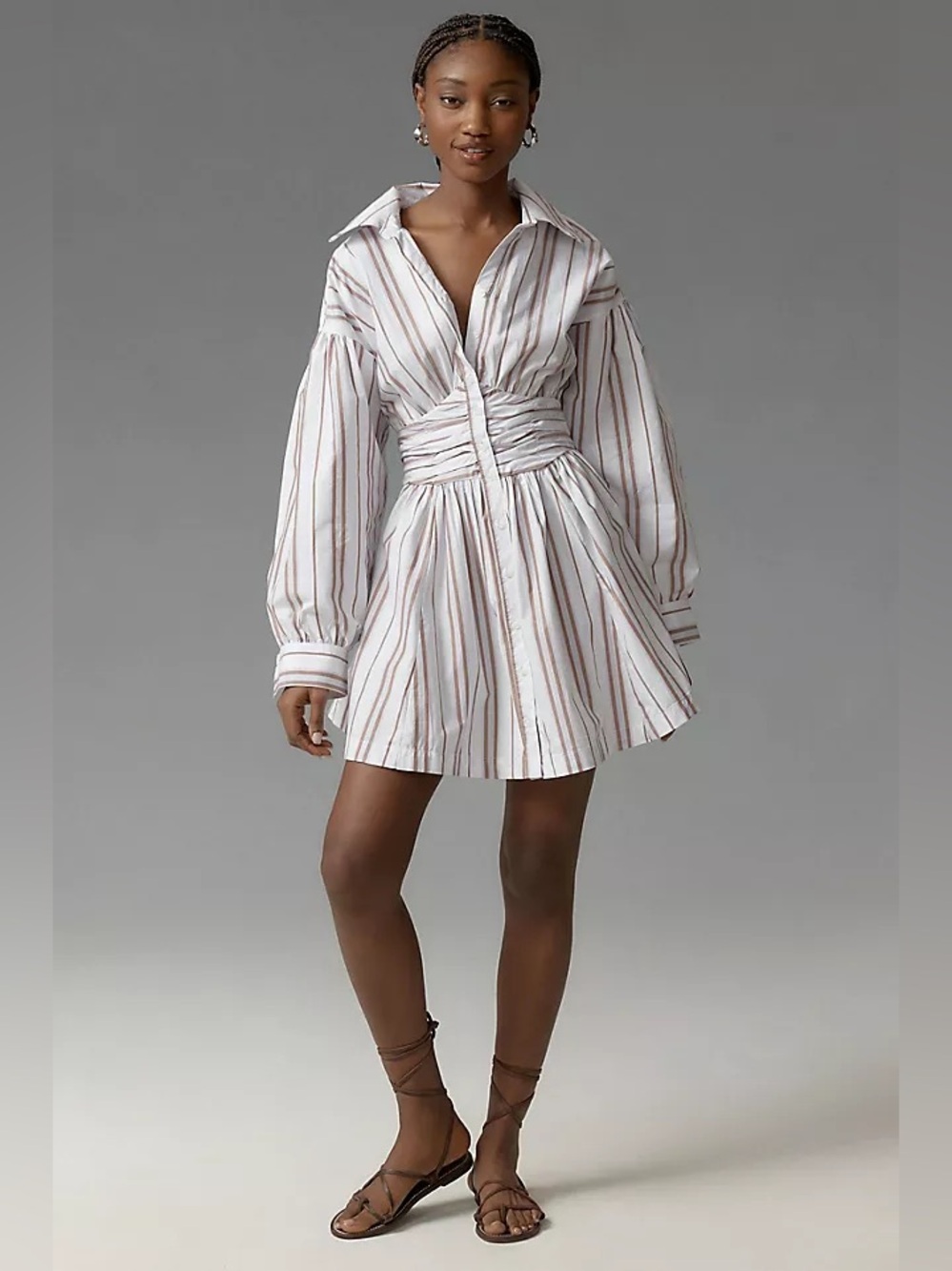 Anthropologie Striped Ruched Waist Button Down Mini Shirt Dress Size Small